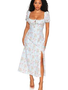 Pastel Blue Floral Tie-Front Midi Dress